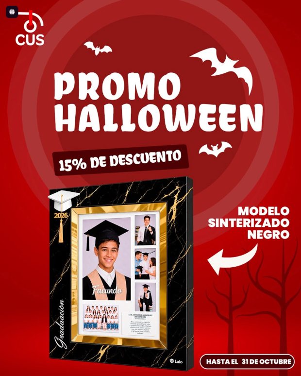 Promo Halloween: cuadro de graduación modelo sinterizado negro con 15% de descuento